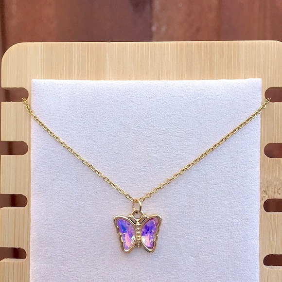 Jewelry - Pink -Purple Opal Aurora Borealis Crystal Butterfly Pendant Necklace